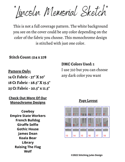 Stitching Jules Design Cross Stitch Pattern Lincoln Memorial Sketch Monochrome Cross Stitch Embroidery Needlepoint Pattern PDF Instant Download