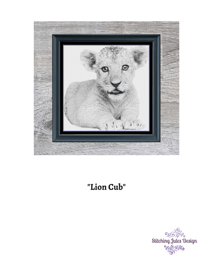 Stitching Jules Design Cross Stitch Pattern Lion Cub Cross Stitch Pattern | Baby Animal Cross Stitch Pattern | Blackwork | Instant PDF Download And Physical Pattern Options