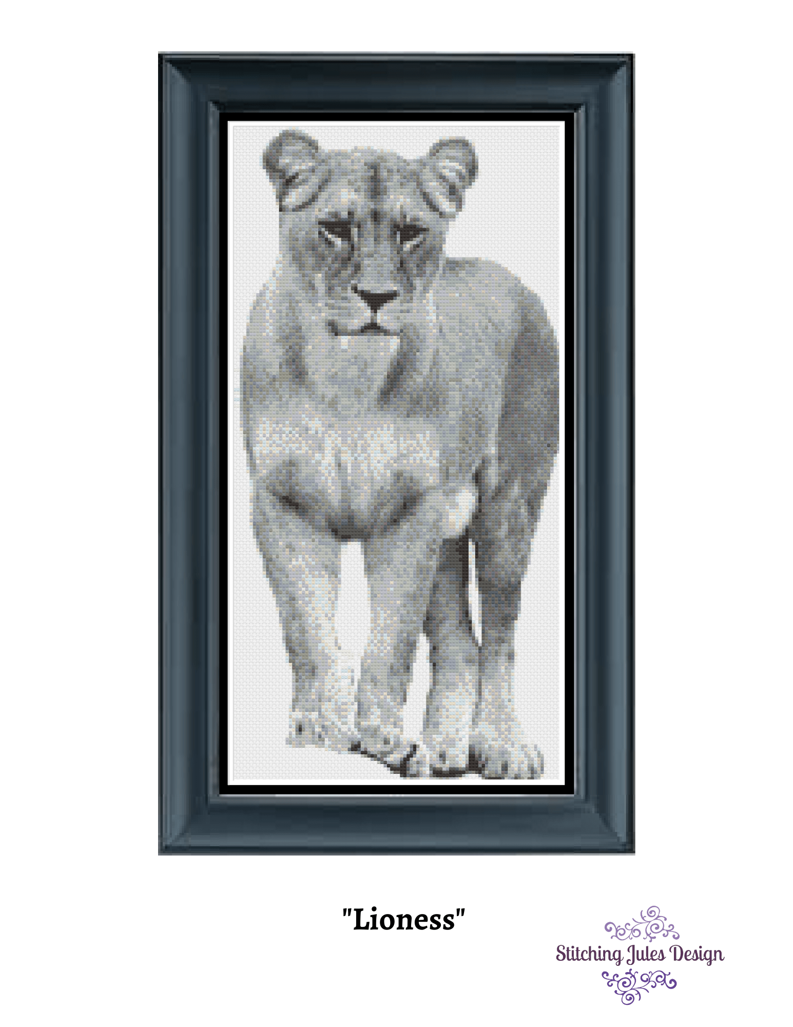 Stitching Jules Design Cross Stitch Pattern Lioness Wildlife Greyscale Cross Stitch Embroidery Needlepoint Pattern