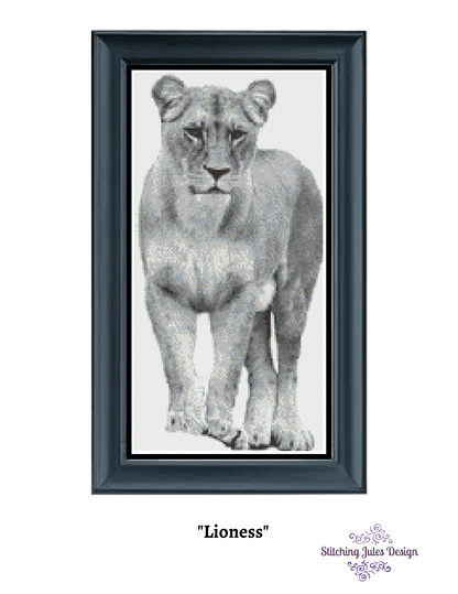 Stitching Jules Design Cross Stitch Pattern Lioness Wildlife Greyscale Cross Stitch Embroidery Needlepoint Pattern