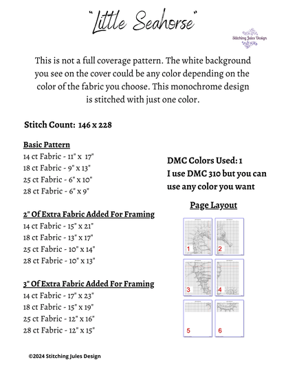 Stitching Jules Design Cross Stitch Pattern Little Seahorse Monochrome