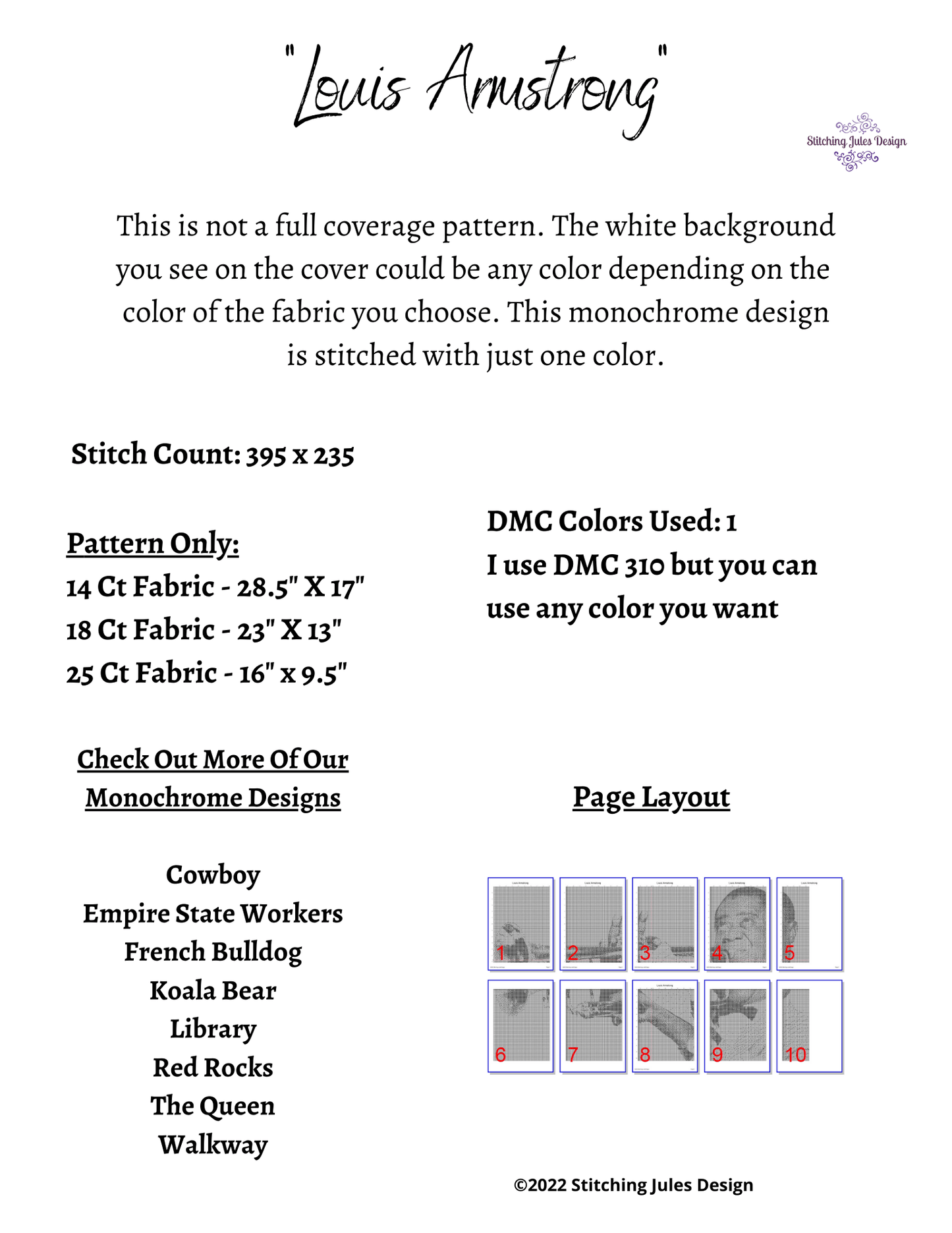 Stitching Jules Design Cross Stitch Pattern Louis Armstrong Jazz Trumpet Musician Monochrome Counted Cross Stitch Pattern PDF Digital Download Pattern Keeper Ready