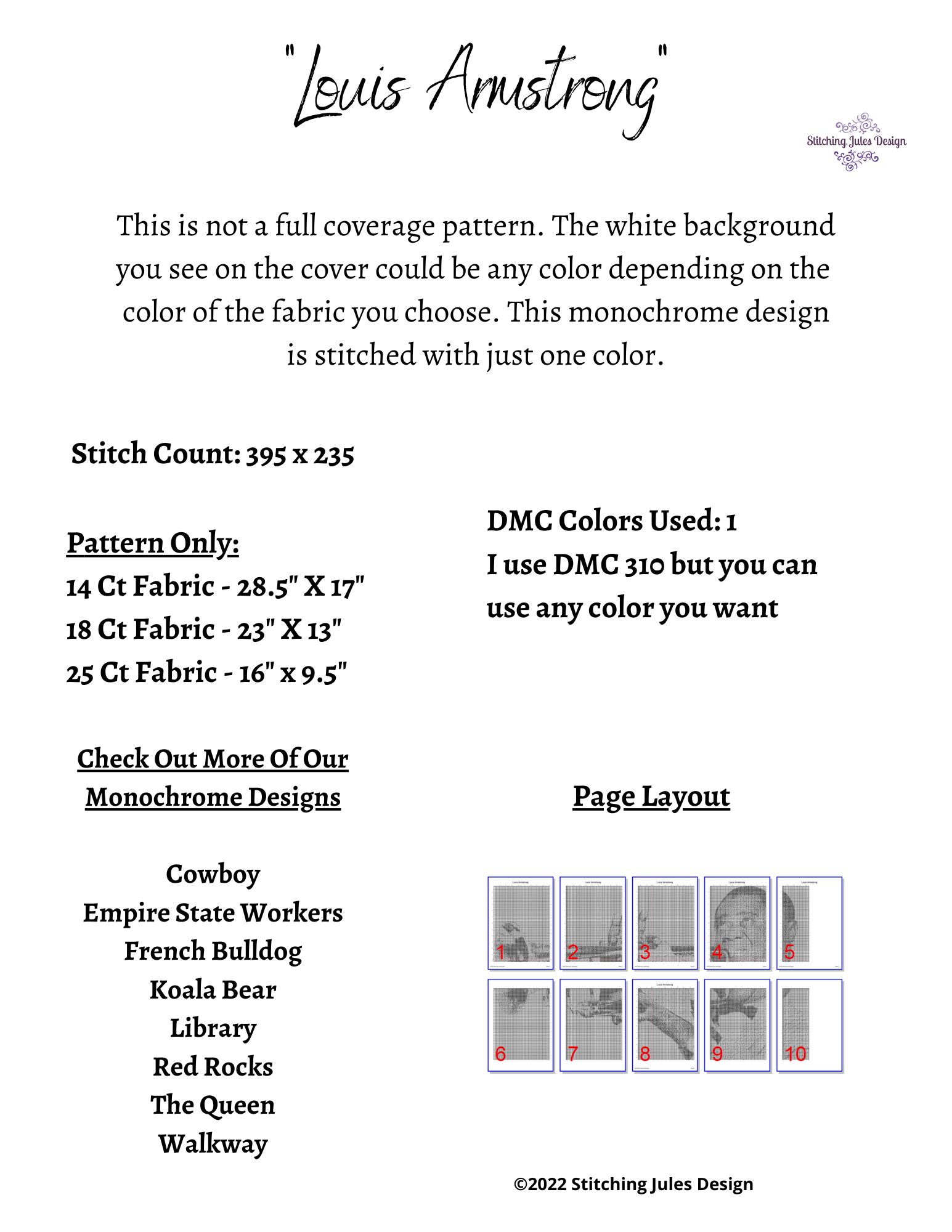 Stitching Jules Design Cross Stitch Pattern Louis Armstrong Jazz Trumpet Musician Monochrome Counted Cross Stitch Pattern PDF Digital Download Pattern Keeper Ready