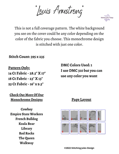 Stitching Jules Design Cross Stitch Pattern Louis Armstrong Jazz Trumpet Musician Monochrome Counted Cross Stitch Pattern PDF Digital Download Pattern Keeper Ready