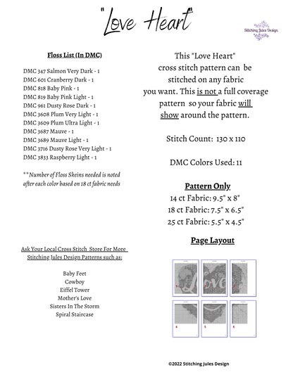 Stitching Jules Design Cross Stitch Pattern Love Heart Counted Cross Stitch Pattern Instant PDF Download