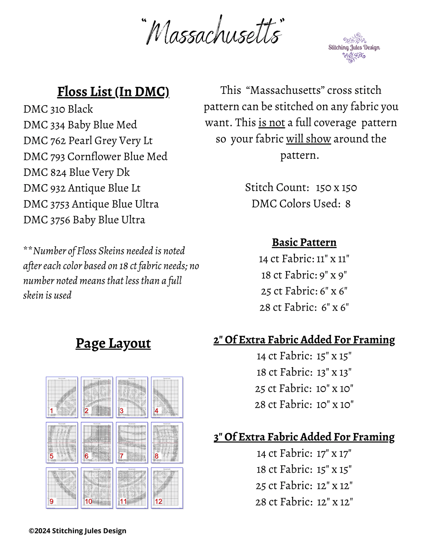 Stitching Jules Design Cross Stitch Pattern Massachusetts US State Counted Cross Stritch Pattern | Instant Download PDF