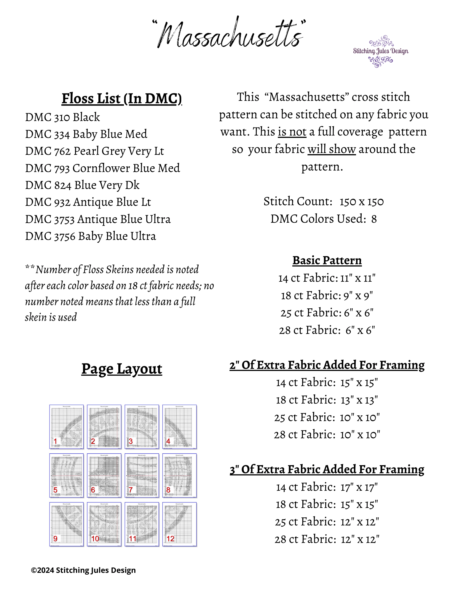 Stitching Jules Design Cross Stitch Pattern Massachusetts US State Counted Cross Stritch Pattern | Instant Download PDF