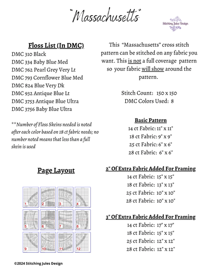 Stitching Jules Design Cross Stitch Pattern Massachusetts US State Counted Cross Stritch Pattern | Instant Download PDF