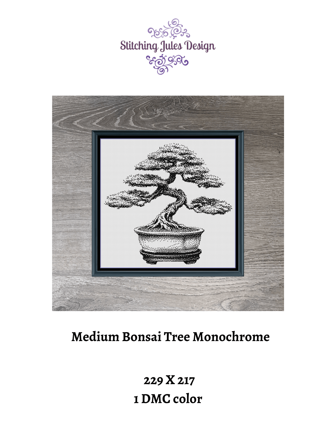 Stitching Jules Design Cross Stitch Pattern Medium Bonsai Tree Monochrome