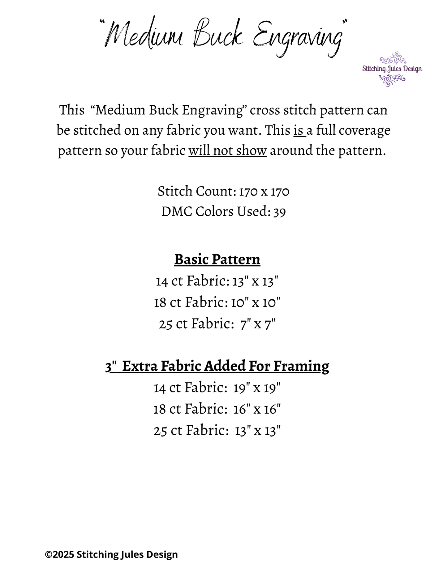 Stitching Jules Design Cross Stitch Pattern Medium Buck Engraving Full Coverage Counted Cross-Stitch Pattern (Digital Download)