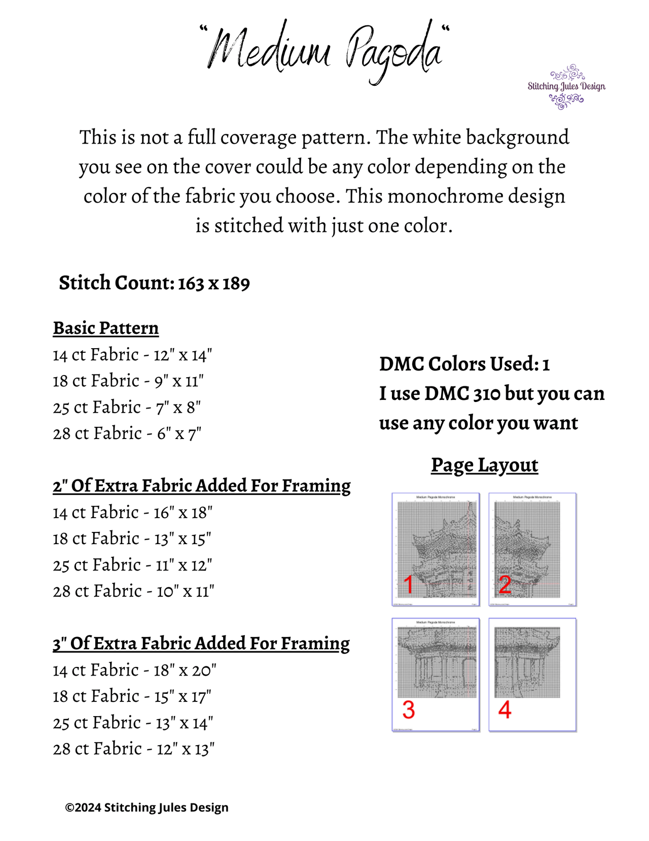 Stitching Jules Design Cross Stitch Pattern Medium Japanese Pagoda Monochrome Counted Cross-Stitch Pattern | Instant Download PDF