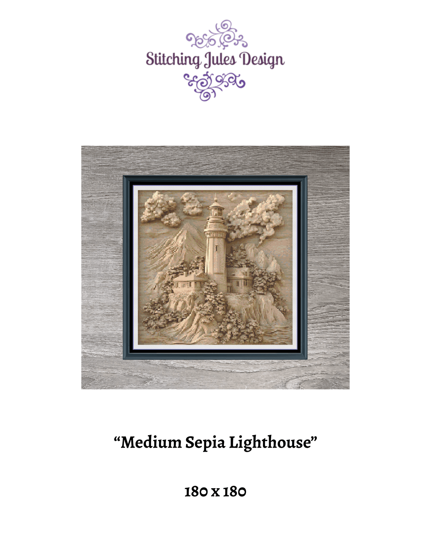 Stitching Jules Design Cross Stitch Pattern Medium Lighthouse Sepia Full Coverage Large Counted Cross Stitch Pattern (Digital Download)