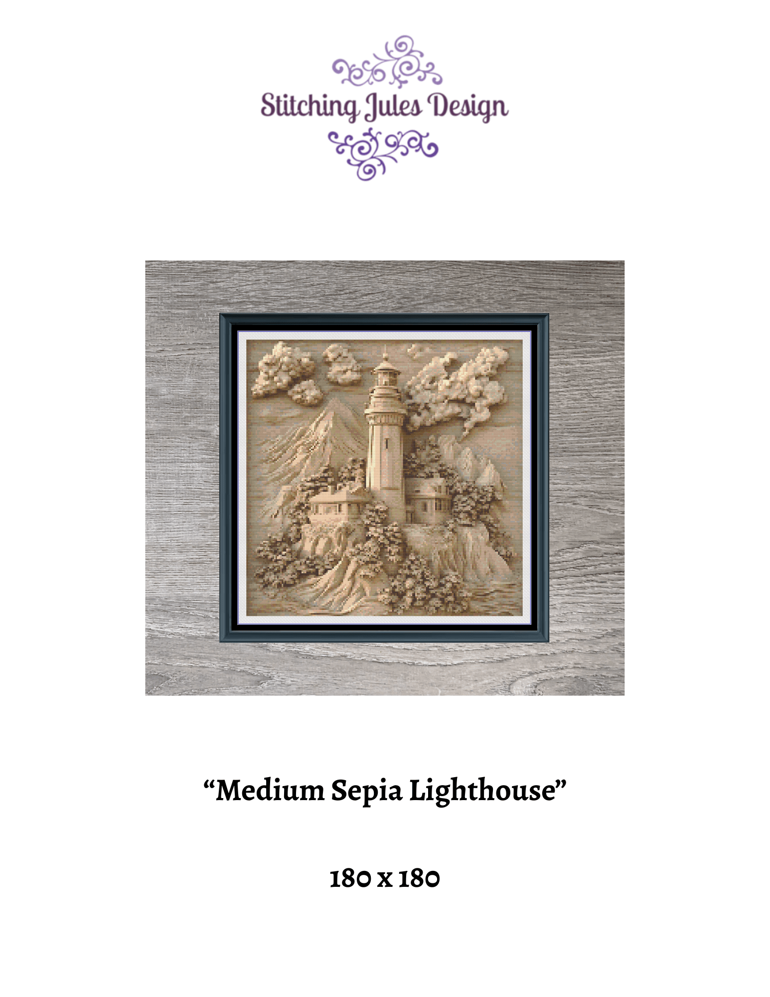Stitching Jules Design Cross Stitch Pattern Medium Lighthouse Sepia Full Coverage Large Counted Cross Stitch Pattern (Digital Download)