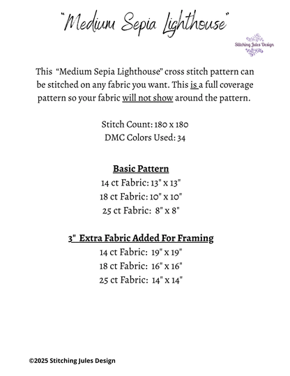 Stitching Jules Design Cross Stitch Pattern Medium Lighthouse Sepia Full Coverage Large Counted Cross Stitch Pattern (Digital Download)