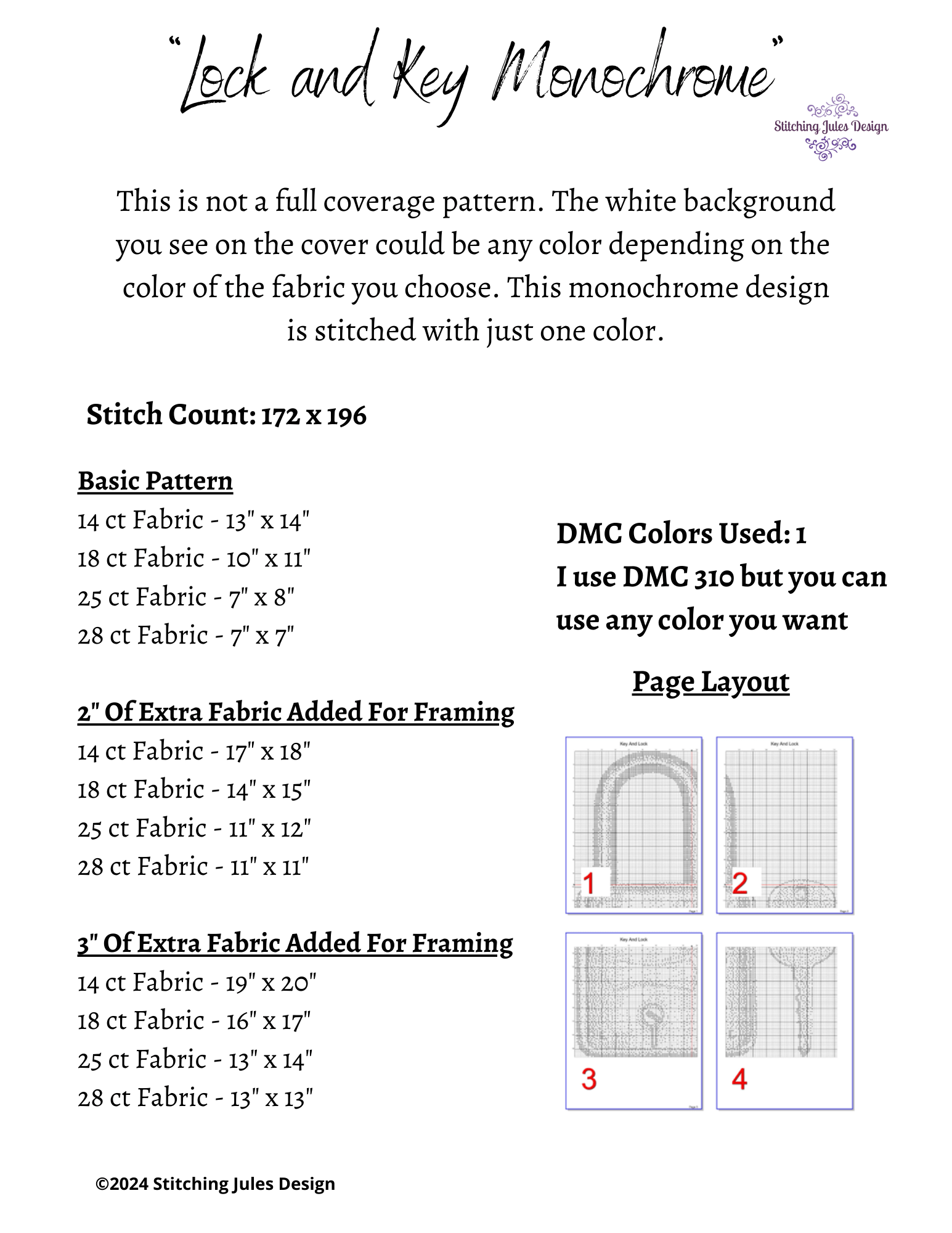Stitching Jules Design Cross Stitch Pattern Medium Lock and Key Monochrome