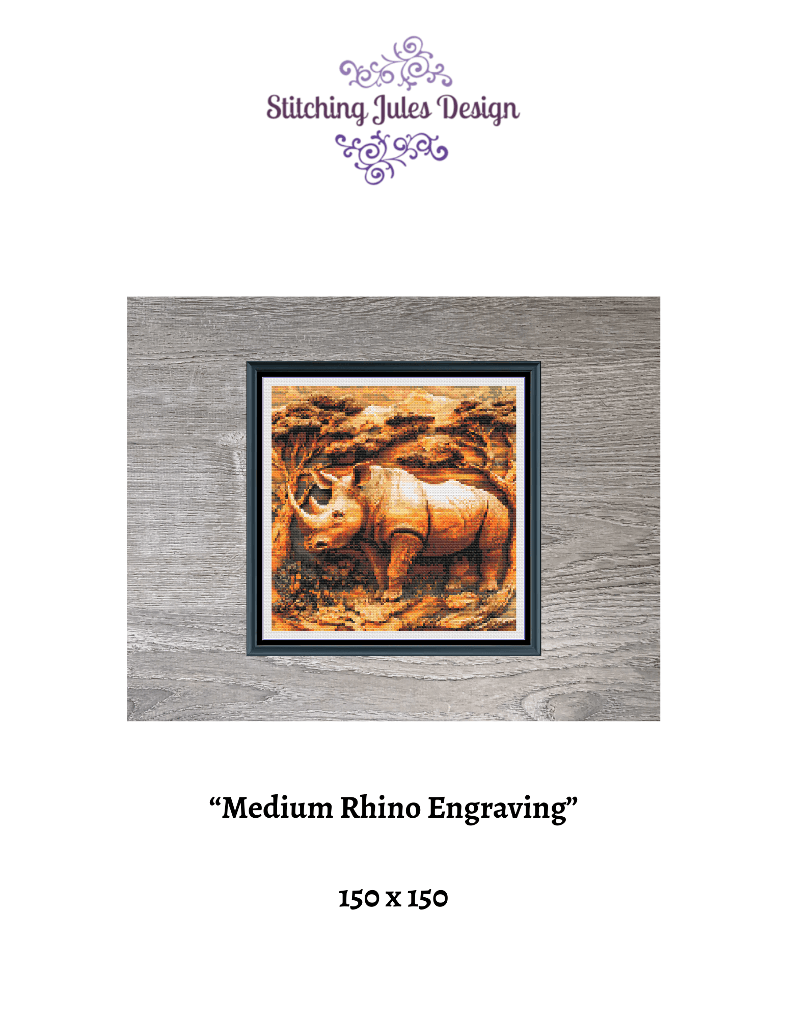 Stitching Jules Design Cross Stitch Pattern Medium Rhino Wildlife Engraving Full Coverage Counted Cross-Stitch Pattern (Digital Download)