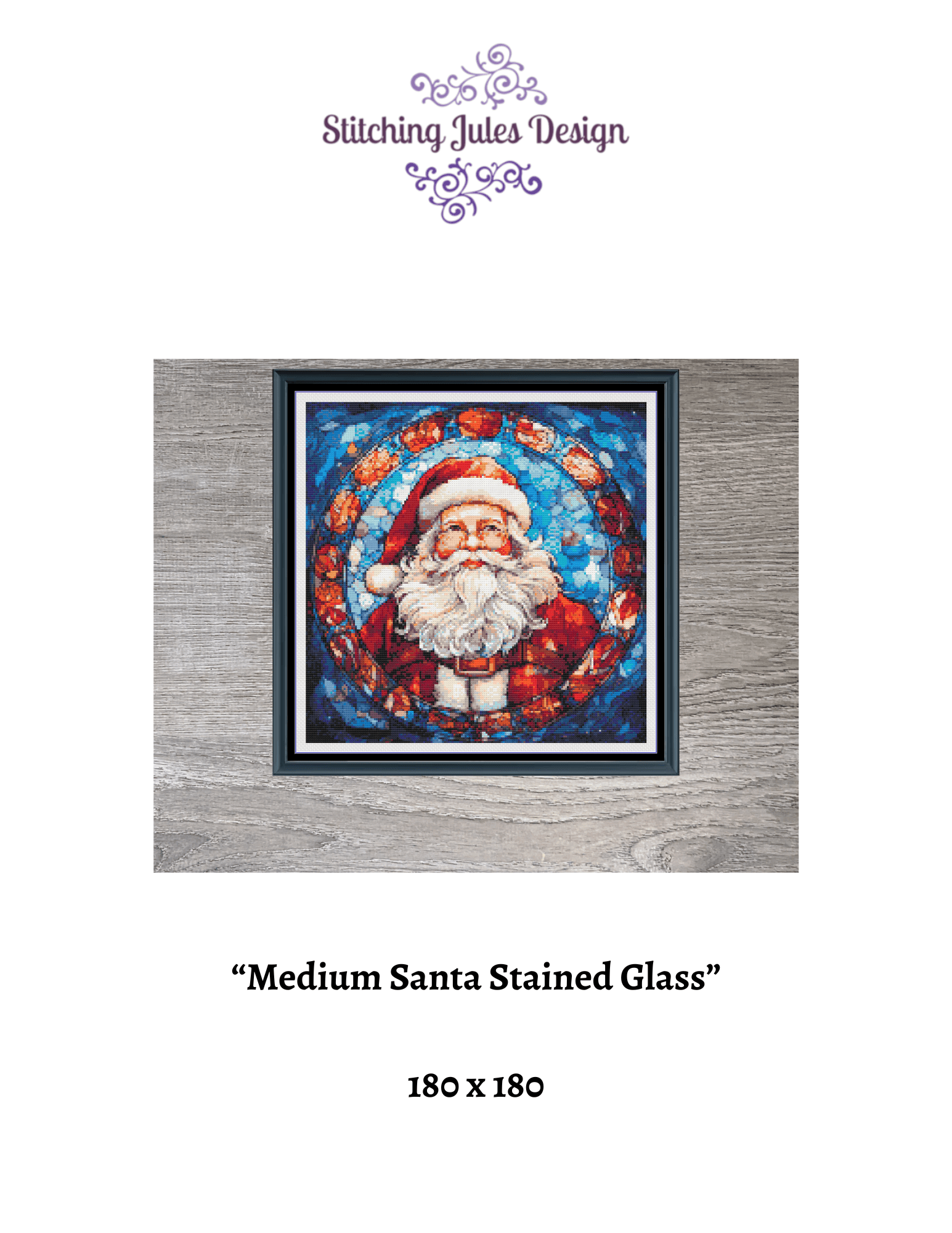 Stitching Jules Design Cross Stitch Pattern Medium Santa Stained Glass Christmas Full Coverage Counted Cross-Stitch Pattern (Digital Download)
