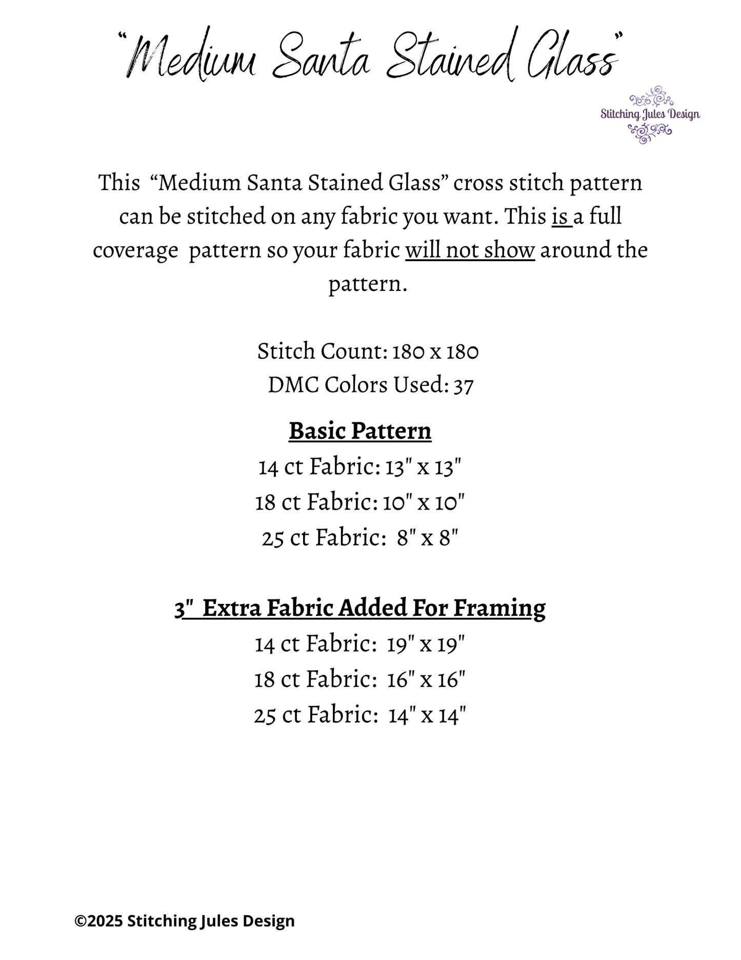 Stitching Jules Design Cross Stitch Pattern Medium Santa Stained Glass Christmas Full Coverage Counted Cross-Stitch Pattern (Digital Download)