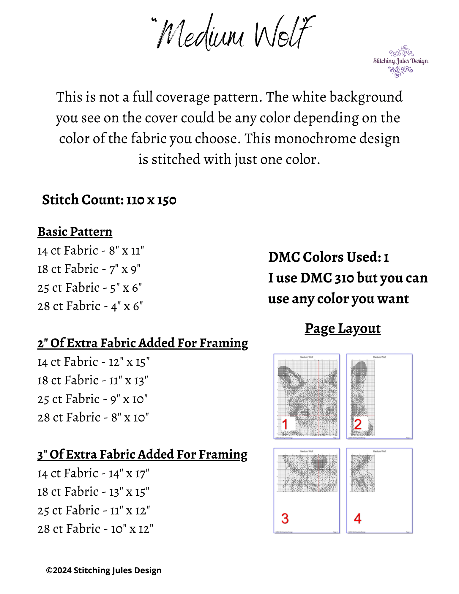 Stitching Jules Design Cross Stitch Pattern Medium Wolf Monochrome