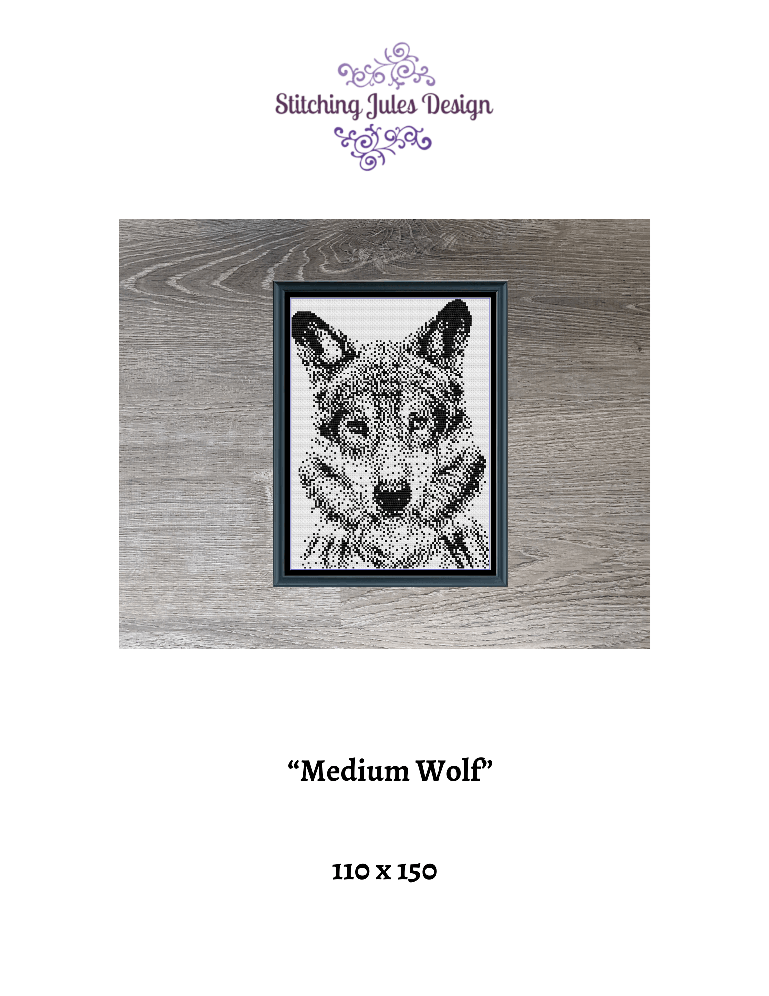 Stitching Jules Design Cross Stitch Pattern Medium Wolf Monochrome
