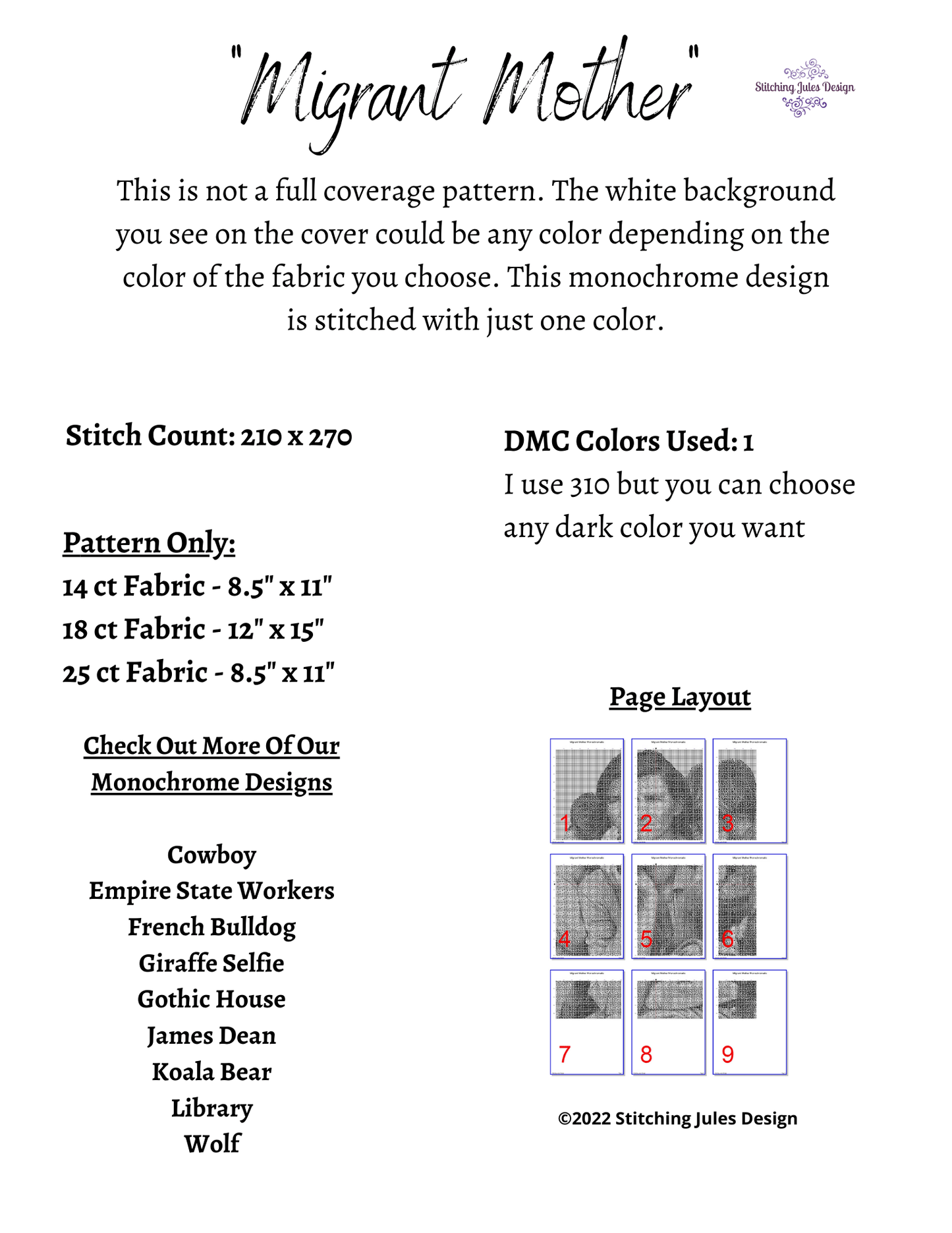 Stitching Jules Design Cross Stitch Pattern Migrant Mother Monochromatic Vintage Historical Cross Stitch Pattern | PDF Digital Download