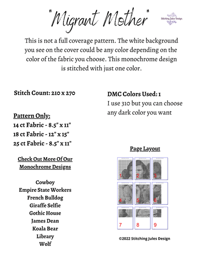 Stitching Jules Design Cross Stitch Pattern Migrant Mother Monochromatic Vintage Historical Cross Stitch Pattern | PDF Digital Download