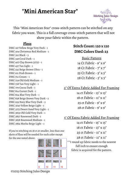 Stitching Jules Design Cross Stitch Pattern Mini American Star Counted Cross Stitch Pattern | Full Coverage | Instant Download PDF