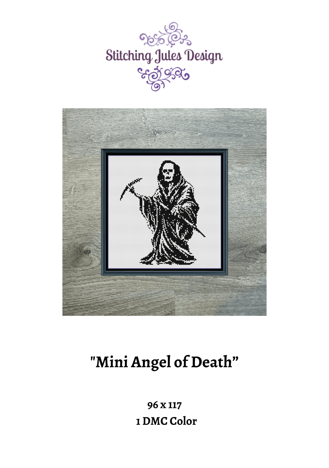 Stitching Jules Design Cross Stitch Pattern Mini Angel of Death Monochrome