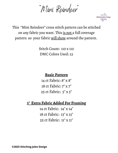 Stitching Jules Design Cross Stitch Pattern Mini Baby Reindeer Rudolph Christmas Holiday Cute Counted Cross-Stitch Pattern