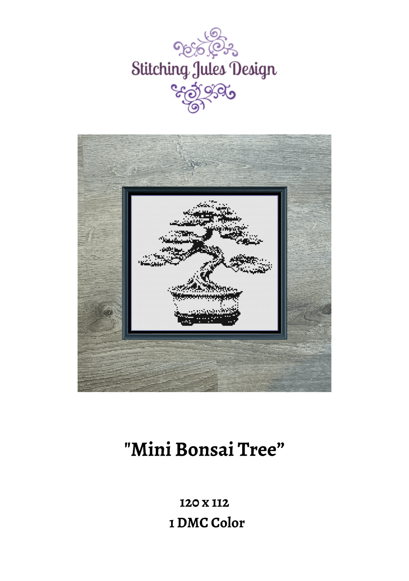 Stitching Jules Design Cross Stitch Pattern Mini Bonsai Tree Monochrome