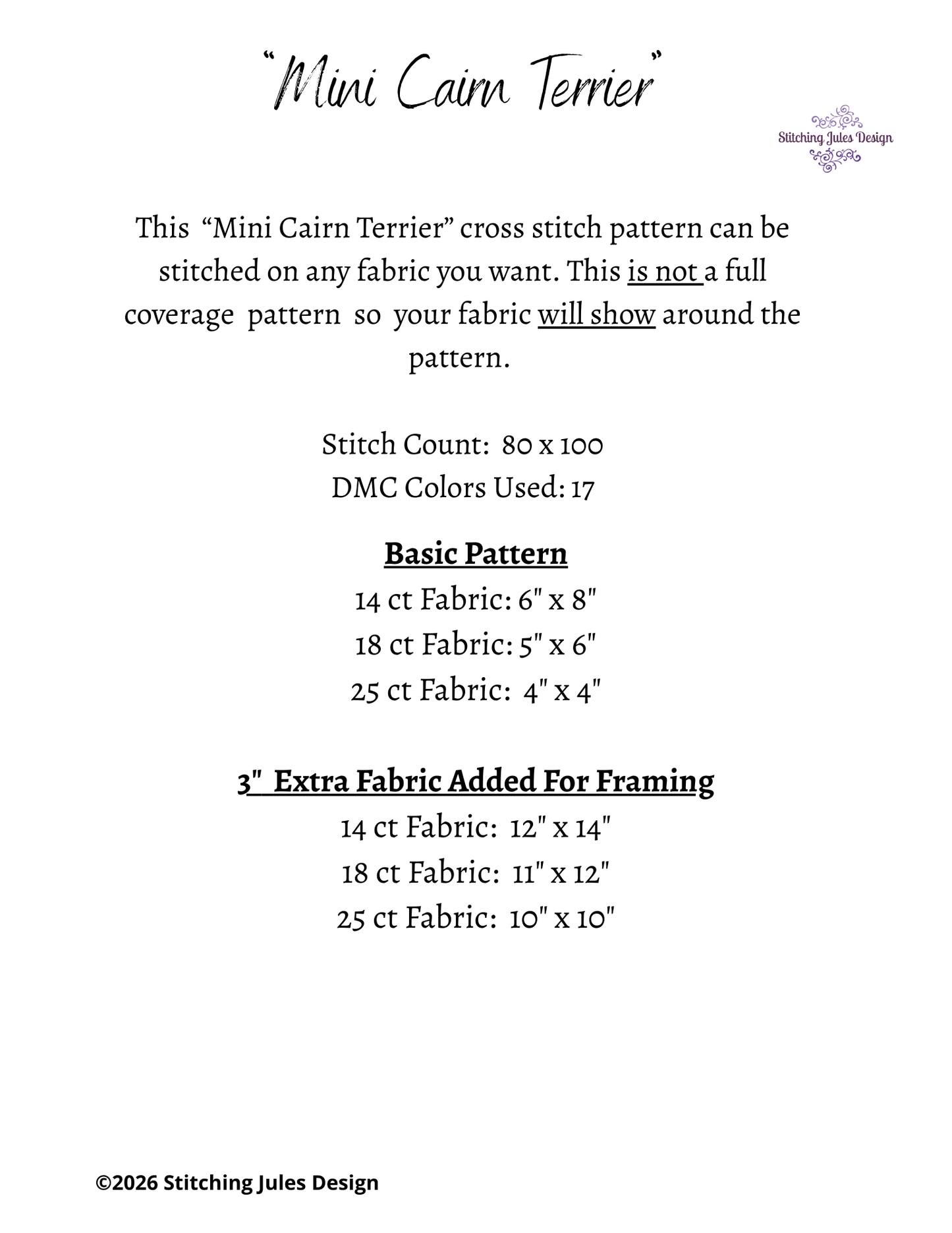 Stitching Jules Design Cross Stitch Pattern Mini Cairn Terrier Dog Breed Counted Cross-Stitch Pattern (Digital Download)