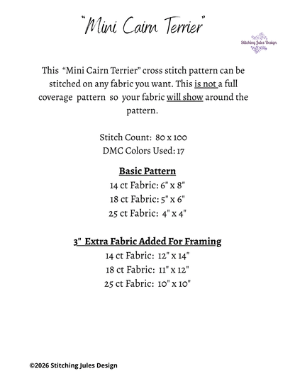 Stitching Jules Design Cross Stitch Pattern Mini Cairn Terrier Dog Breed Counted Cross-Stitch Pattern (Digital Download)