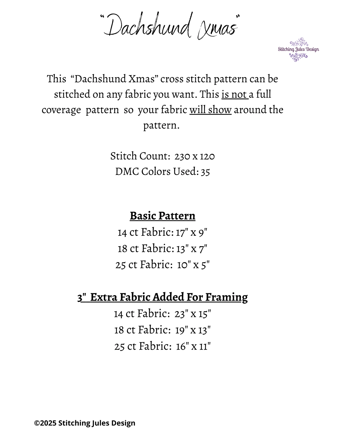 Stitching Jules Design Cross Stitch Pattern Mini Dachshund Christmas Dog Counted Cross-Stitch Pattern (Digital Download)