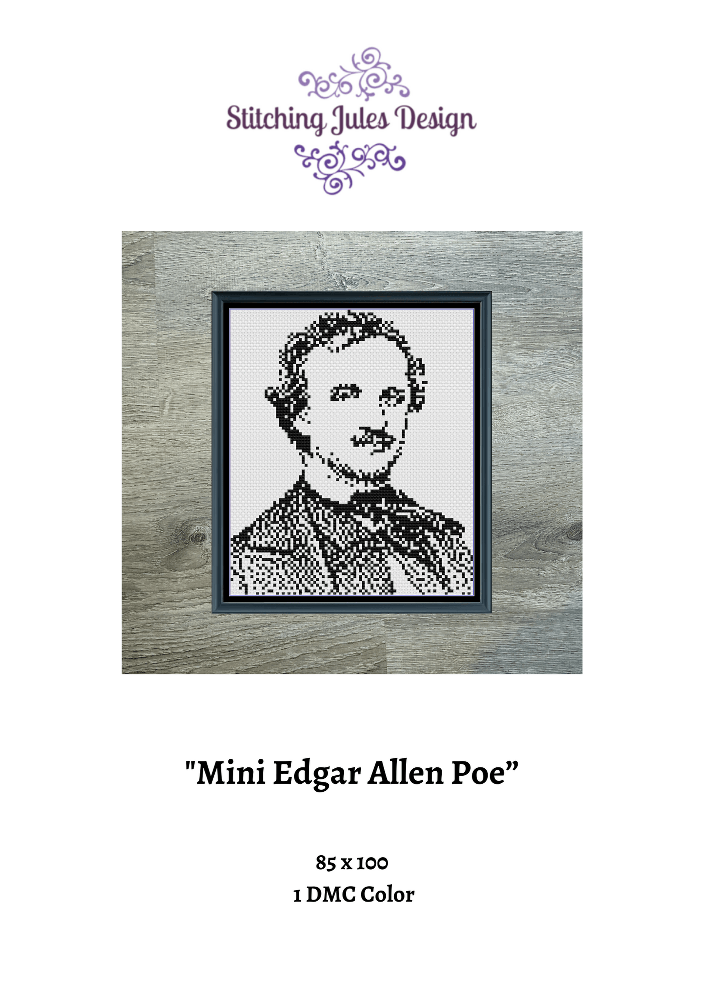 Stitching Jules Design Cross Stitch Pattern Mini Edgar Allen Poe Monochrome Counted Cross-Stitch Pattern | Instant Download PDF
