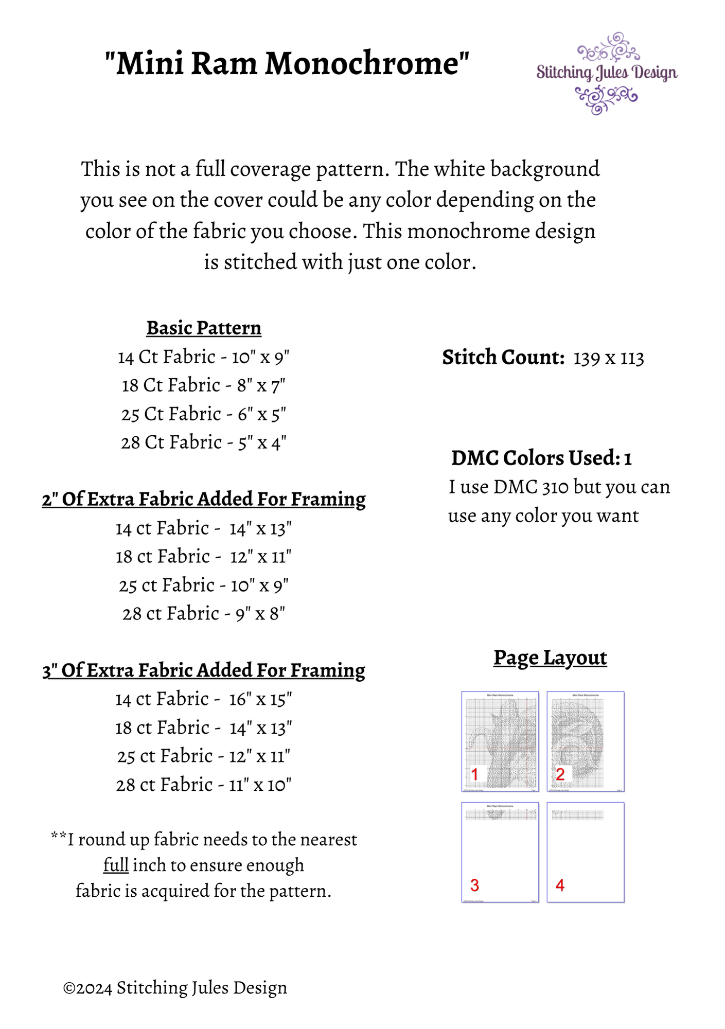 Stitching Jules Design Cross Stitch Pattern Mini Ram Monochrome