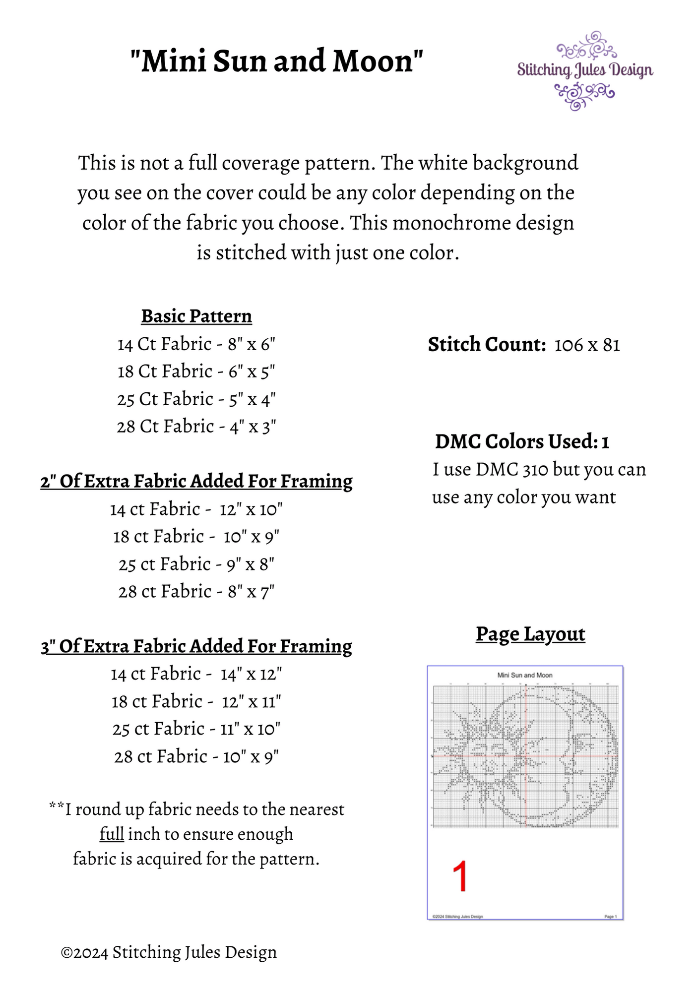 Stitching Jules Design Cross Stitch Pattern Mini Sun and Moon Monochrome