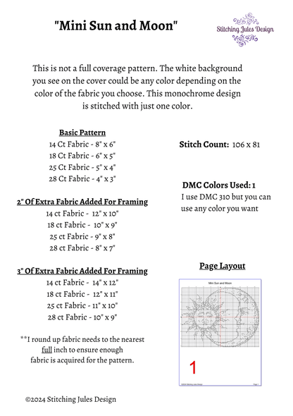 Stitching Jules Design Cross Stitch Pattern Mini Sun and Moon Monochrome