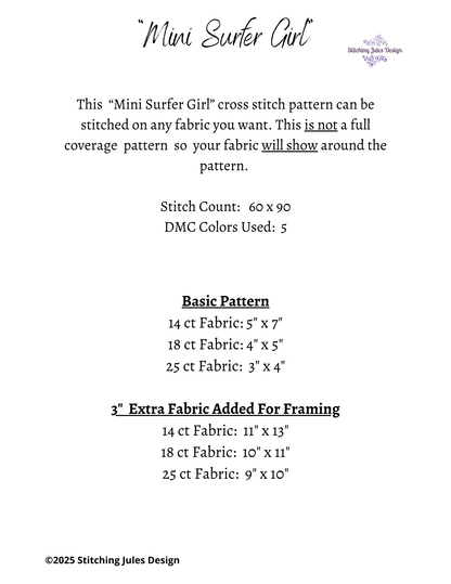 Stitching Jules Design Cross Stitch Pattern Mini Surfer Girl Surfing Woman Hawaii Surfboard Counted Cross Stitch Pattern Digital Download