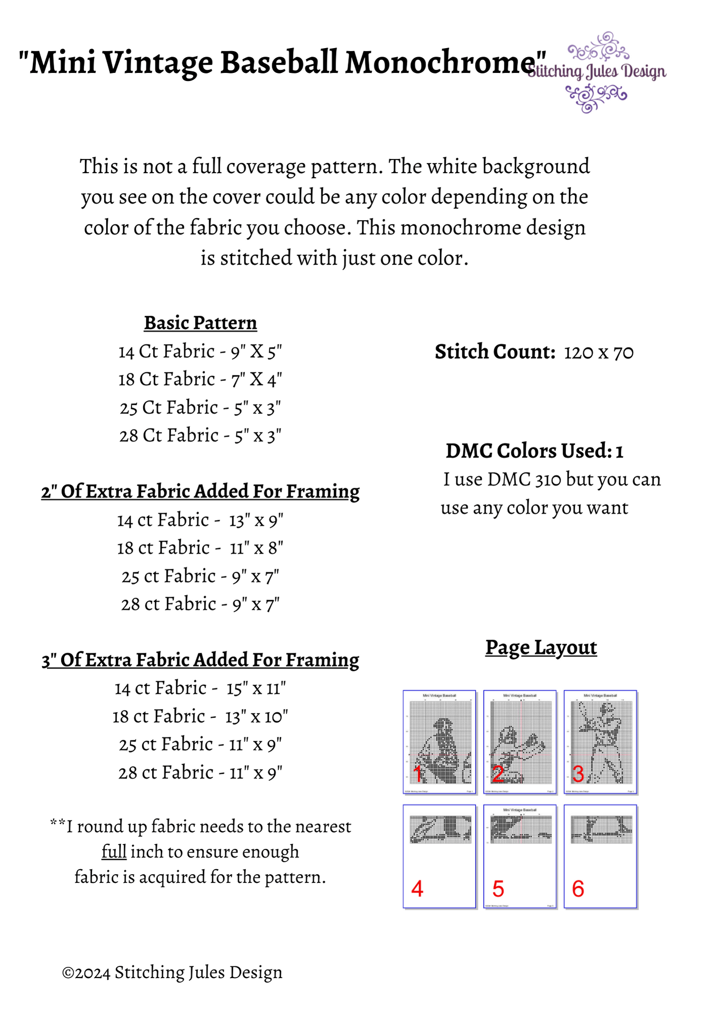 Stitching Jules Design Cross Stitch Pattern Mini Vintage Baseball Monochrome Counted Cross-Stitsh | Easy Cross Stitch | Instant Download PDF