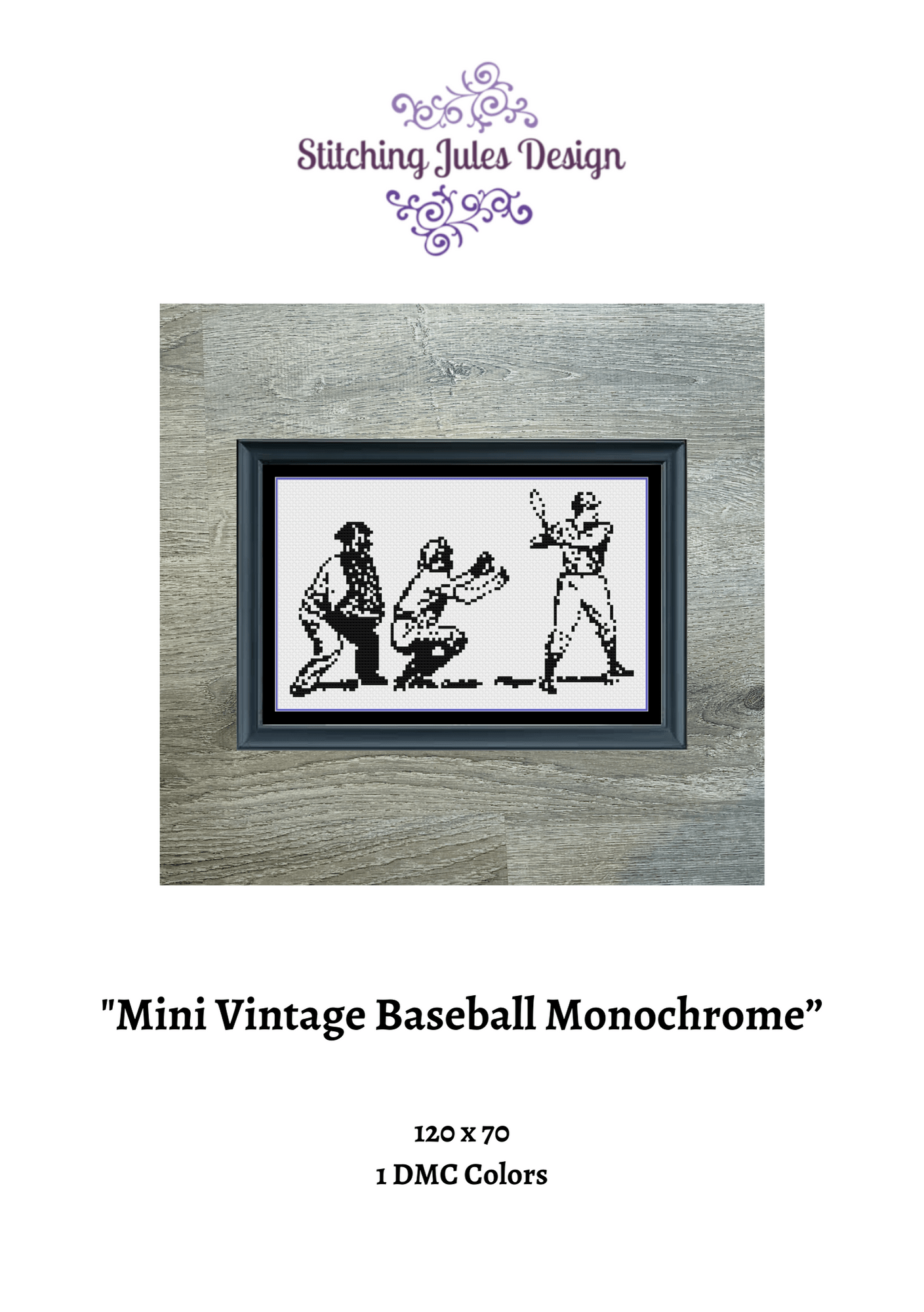 Stitching Jules Design Cross Stitch Pattern Mini Vintage Baseball Monochrome Counted Cross-Stitsh | Easy Cross Stitch | Instant Download PDF