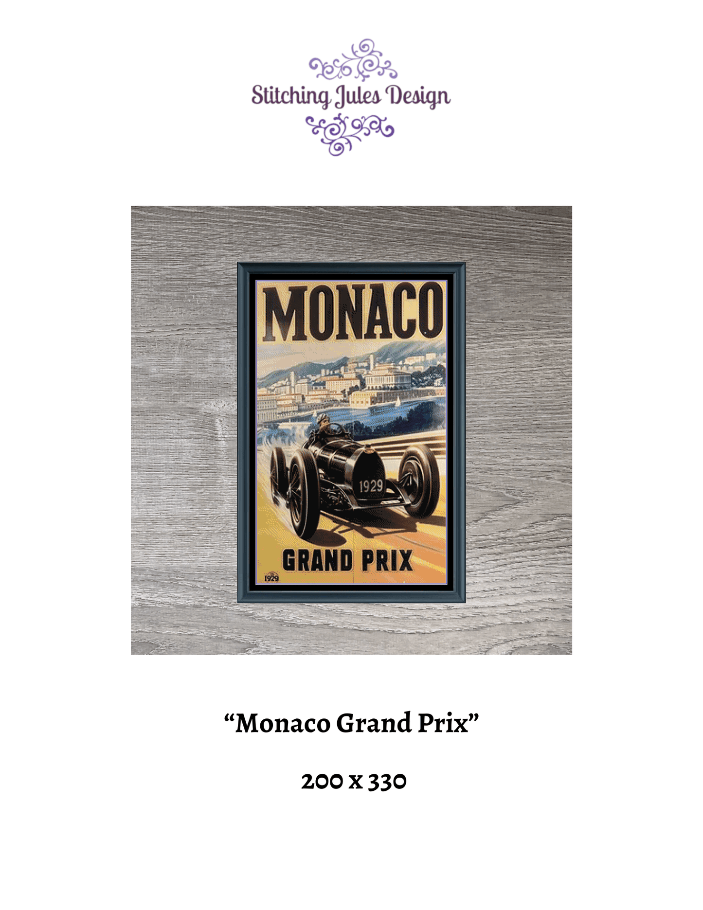 Stitching Jules Design Cross Stitch Pattern Monaco Grand Prix Car Racing Vintage Full Coverage Counted Cross Stitch Pattern