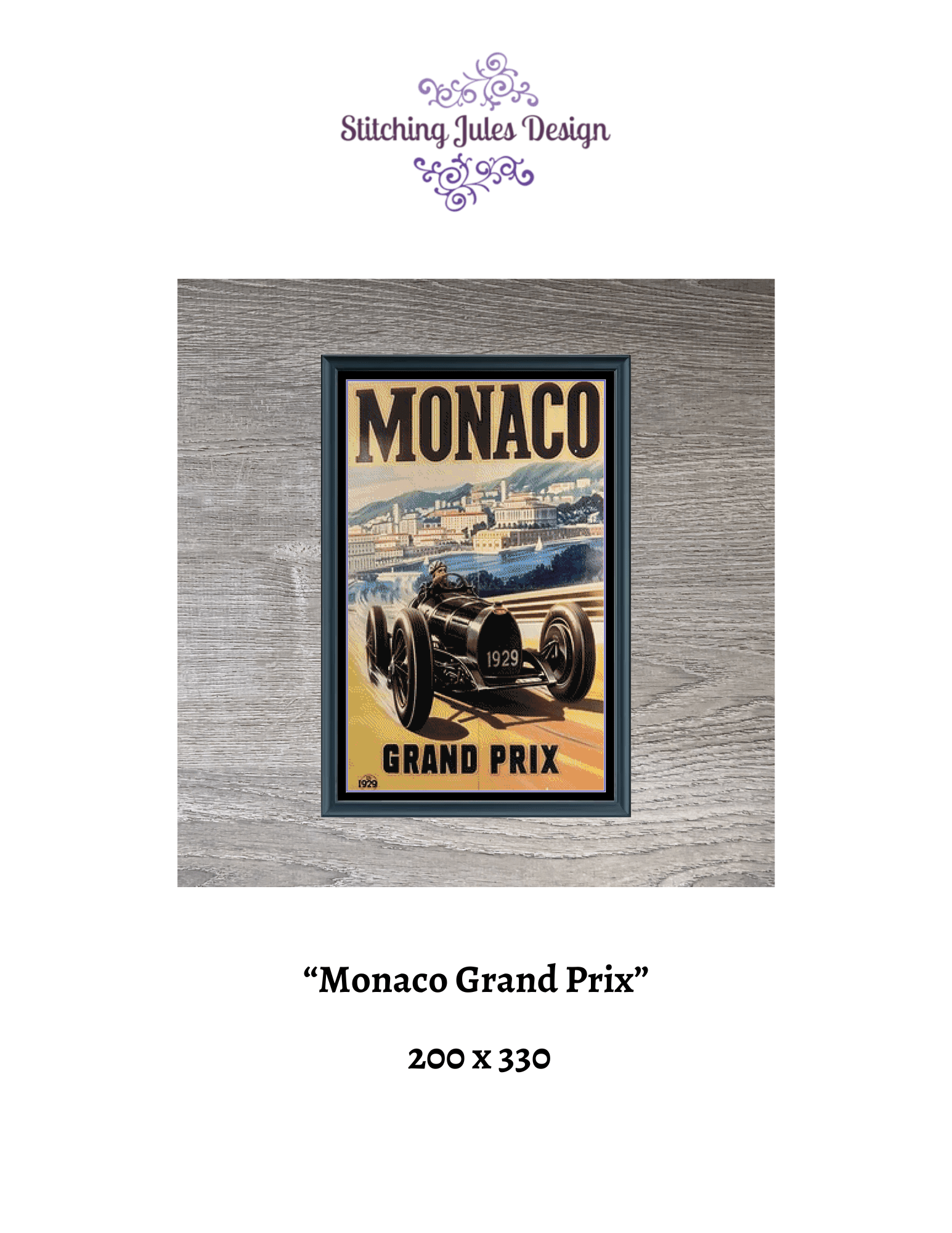 Stitching Jules Design Cross Stitch Pattern Monaco Grand Prix Car Racing Vintage Full Coverage Counted Cross Stitch Pattern