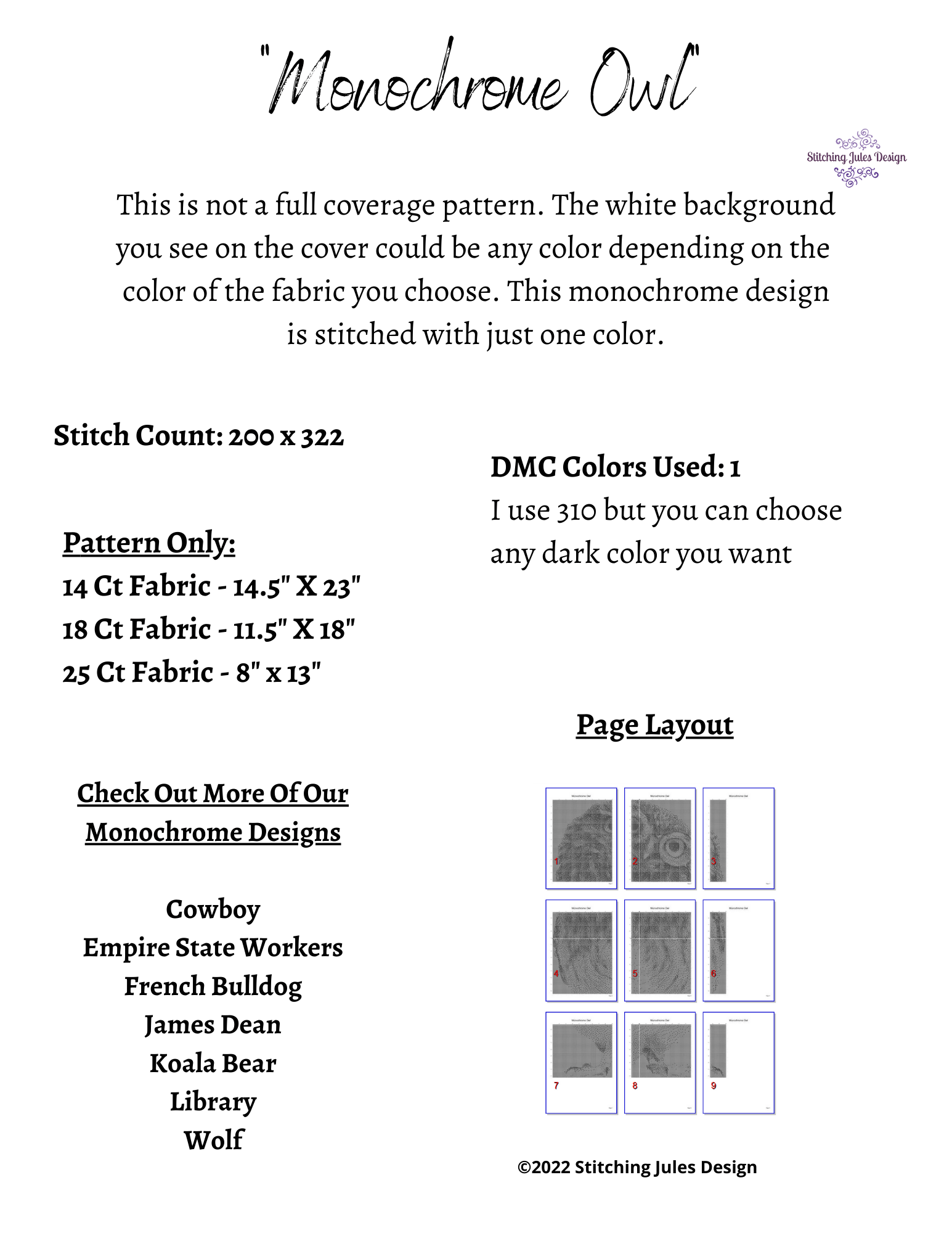 Stitching Jules Design Cross Stitch Pattern Monochrome Owl Animal Cross Stitch Embroidery Needlepoint Pattern PDF Ready For Instant Download