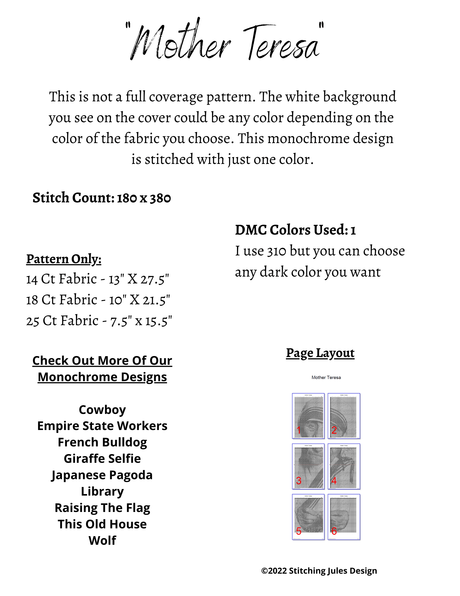 Stitching Jules Design Cross Stitch Pattern Mother Teresa Religious Christianity Saint Monochrome Cross Stitch Embroidery Needlepoint Pattern PDF Download