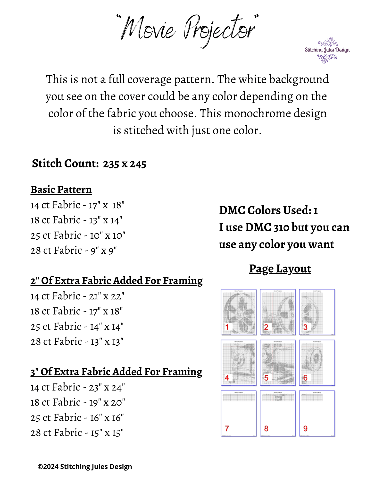 Stitching Jules Design Cross Stitch Pattern Movie Projector Monochrome