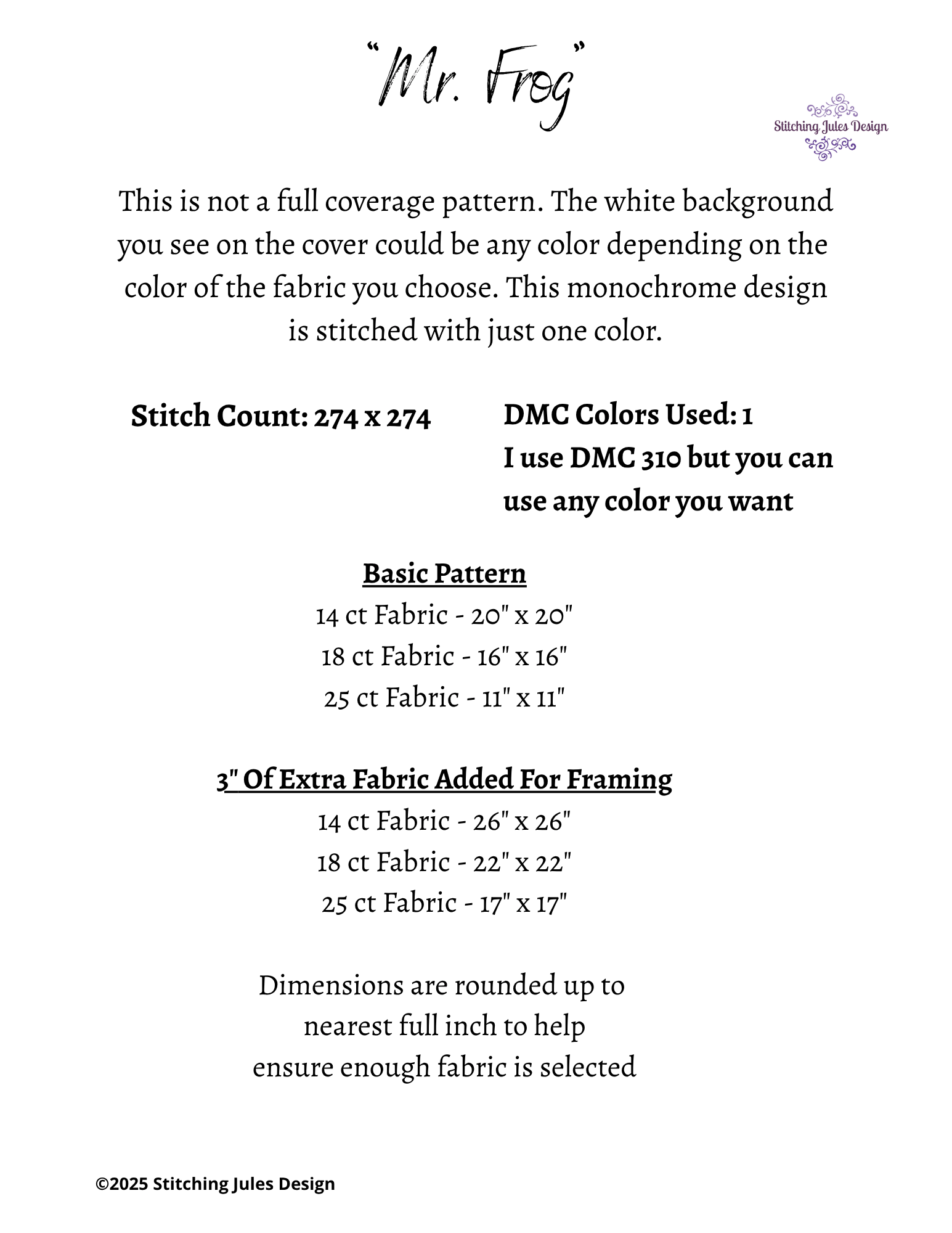Stitching Jules Design Cross Stitch Pattern Mr. Frog Animal Clothes Funny Monochrome Counted Cross-Stitch Pattern (Digital Download)
