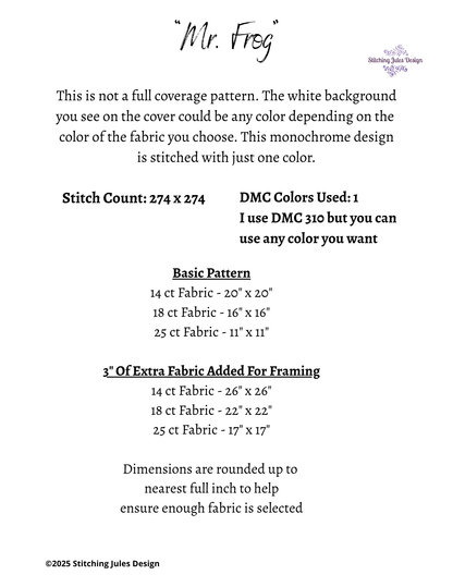 Stitching Jules Design Cross Stitch Pattern Mr. Frog Animal Clothes Funny Monochrome Counted Cross-Stitch Pattern (Digital Download)