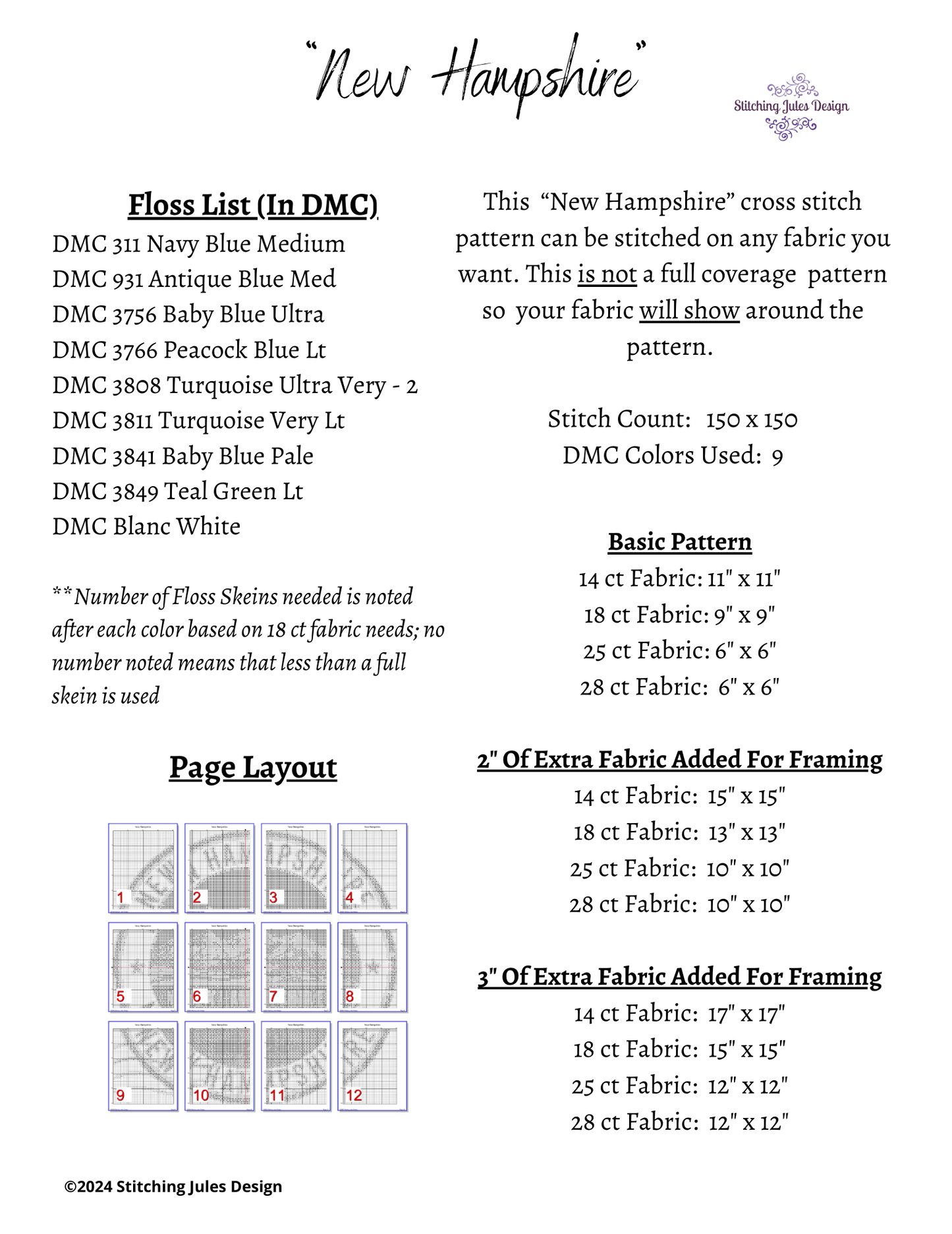 Stitching Jules Design Cross Stitch Pattern New Hampshire New England US State Counted Cross Stitch Pattern | Instant Download PDF