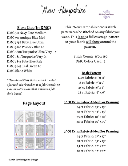 Stitching Jules Design Cross Stitch Pattern New Hampshire New England US State Counted Cross Stitch Pattern | Instant Download PDF