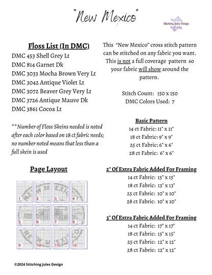 Stitching Jules Design Cross Stitch Pattern New Mexico US State Counted Cross Stitch Pattern | Instant Download PDF